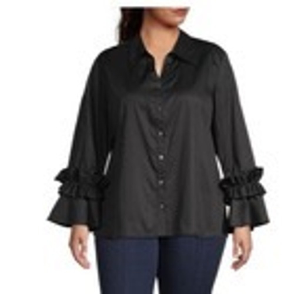 Harshman NEW Selina Button-Up‎ Shirt Black 100% Cotton Ruffle Sleeve Size 1X